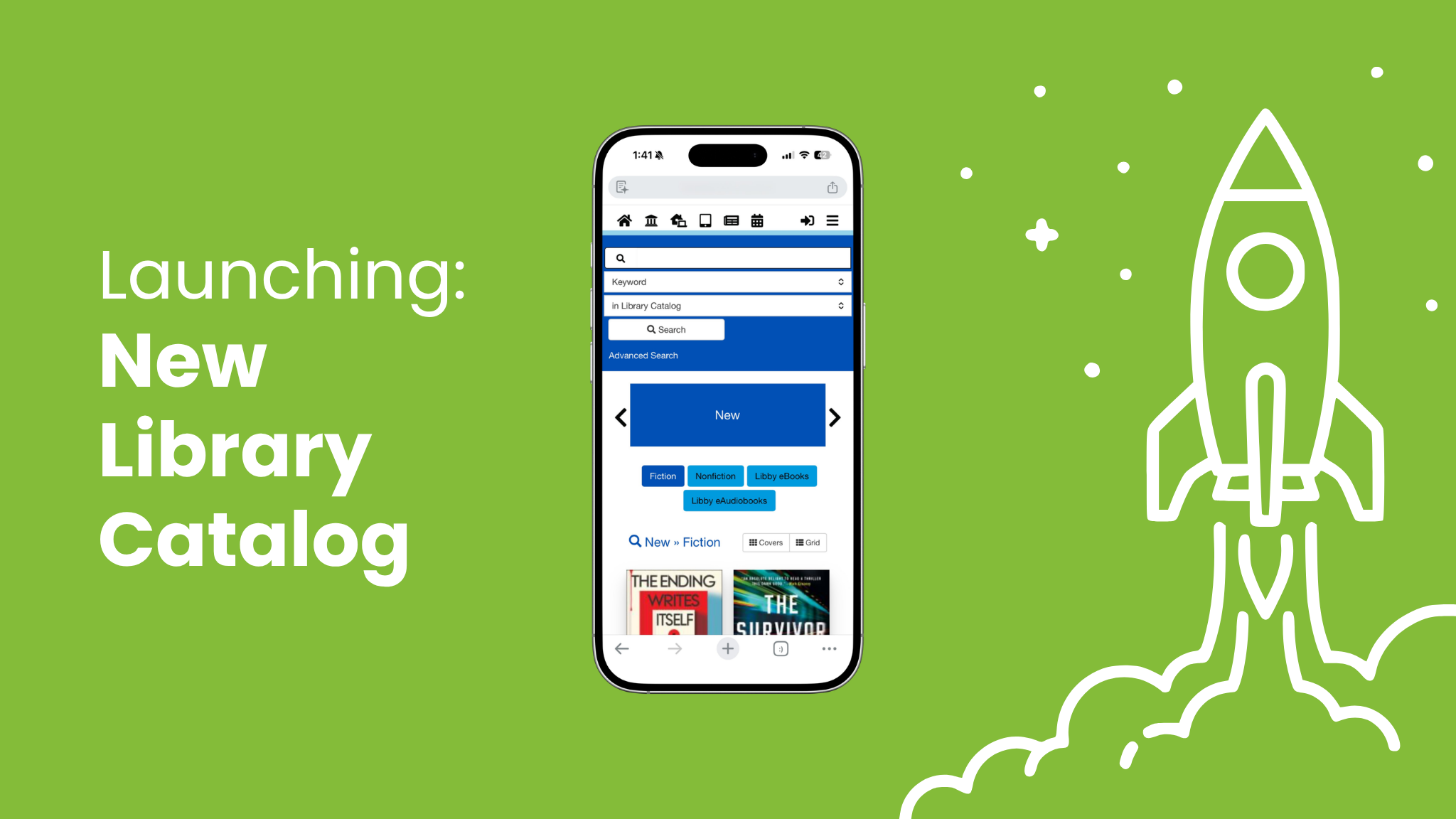 Mobile phone displaying an example view of the new library catalog.